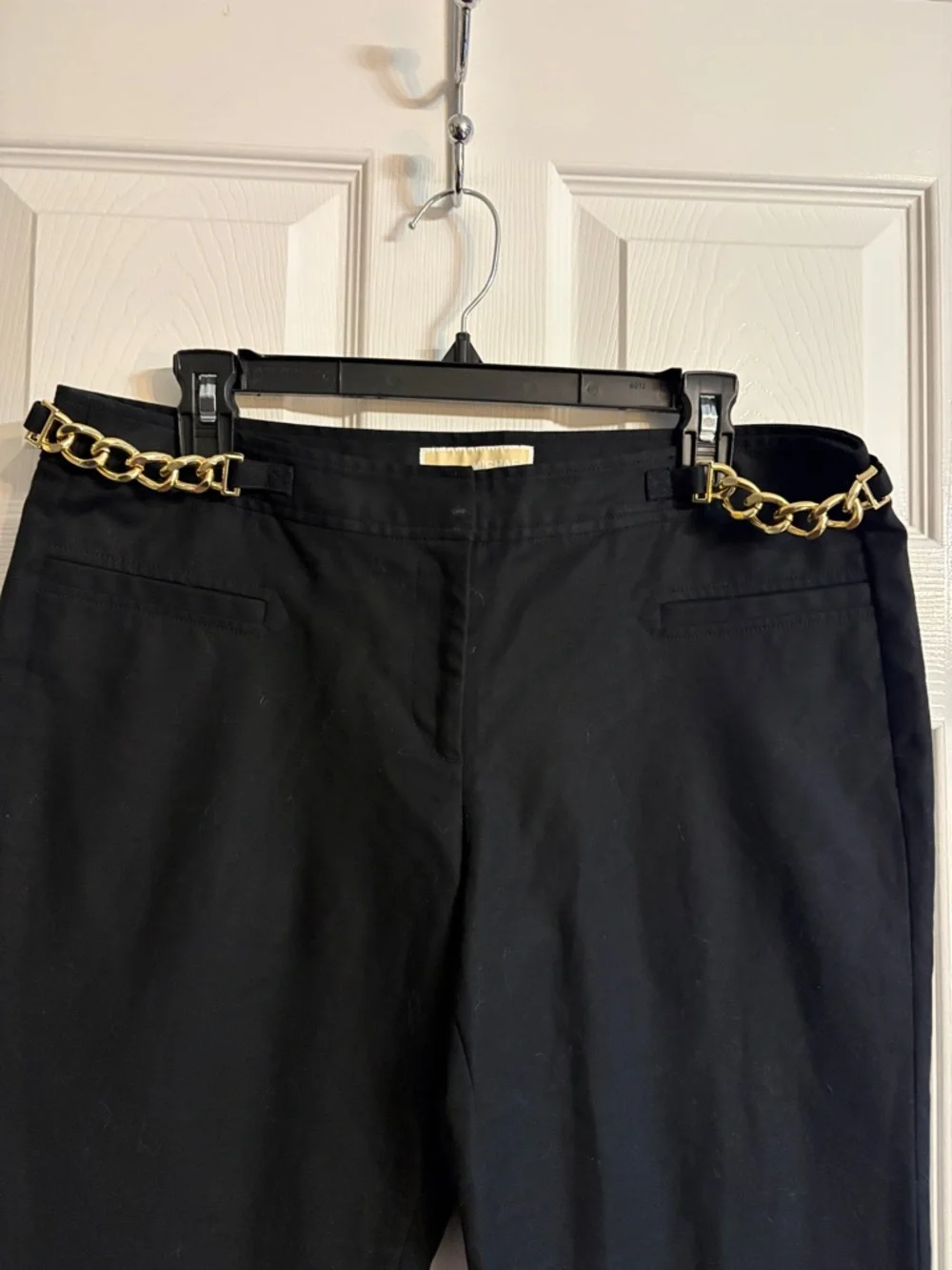 Michael Kors Black Straight-Leg Pants with Gold Chain Accent